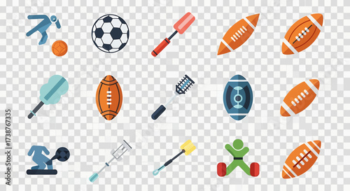 A collection of sports equipment icons on a transparent background.