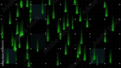 Dark grid opening showing green code streams sliding down flashing dark squares looping rain
