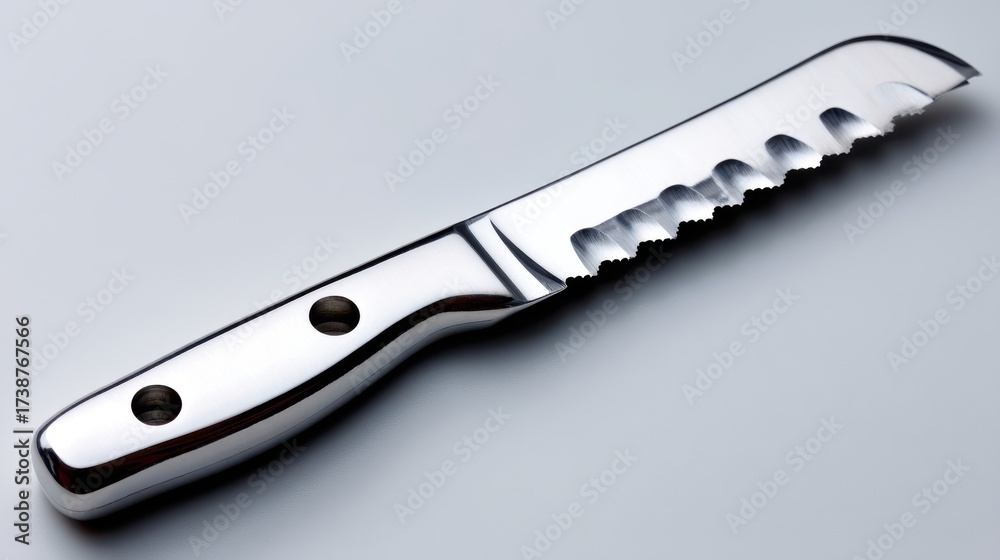 Obraz premium Silver Serrated Knife: A gleaming, polished silver knife, perfectly crafted with a sharp, serrated edge, rests on a neutral surface.