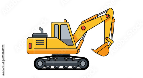 A yellow cartoon excavator with a hydraulic arm and bucket, shown in a side profile view on a white background.