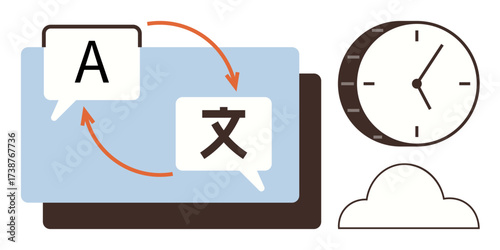 Speech bubbles with arrows symbolize language translation a clock represents time, and a cloud suggests technology. Ideal for communication, global accessibility, linguistics, software, education