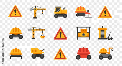 A collection of construction-related icons including warning signs, cranes, and various types of heavy machinery.