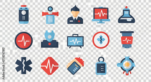 A comprehensive collection of flat design medical and healthcare icons, featuring symbols like heartbeat monitors, doctor figures, and emergency service emblems.