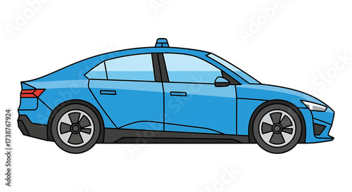 Side profile vector illustration of a modern blue four-door sedan car with a roof light, isolated on a white background.