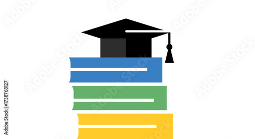 A black graduation cap with a tassel sits atop a stack of three colorful books, symbolizing education and achievement.