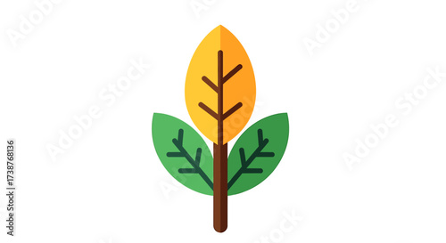 Stylized illustration of a plant with green and yellow leaves on a brown stem, depicted with a flat design on a white background.