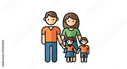 A simple cartoon illustration of a happy nuclear family with a mother, father, son, and daughter holding hands.