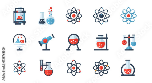 A collection of colorful flat icons depicting scientific themes like chemistry labs, atoms, and research equipment.