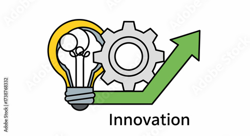 Conceptual illustration of innovation process with a lightbulb, gear, and upward arrow symbolizing growth and progress.