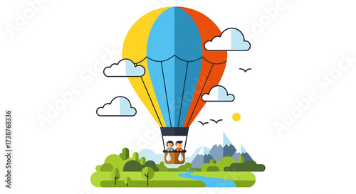 Illustration of a hot air balloon flying over a landscape with mountains and clouds.