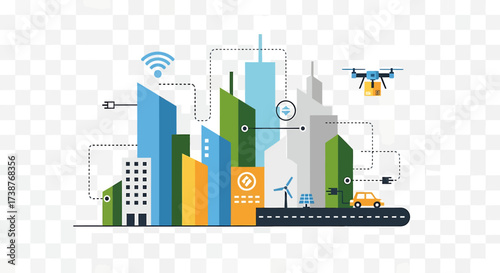 Illustration of a smart city with interconnected buildings, transportation, and technology, showcasing a futuristic urban environment.