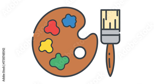 An artist's wooden palette with dabs of red, blue, yellow, and green paint alongside a paintbrush.
