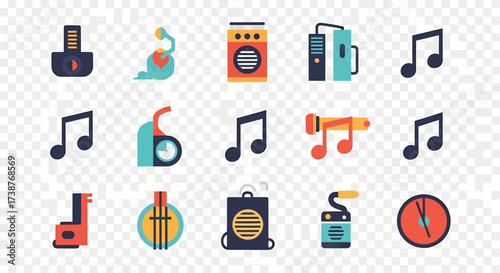 A collection of colorful flat design icons featuring musical notes, audio equipment, and various everyday objects on a transparent background.