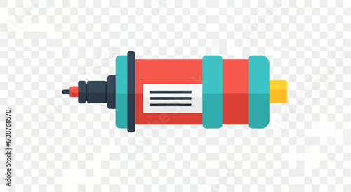A detailed illustration of a red and teal cylindrical marker with a black tip and yellow end.