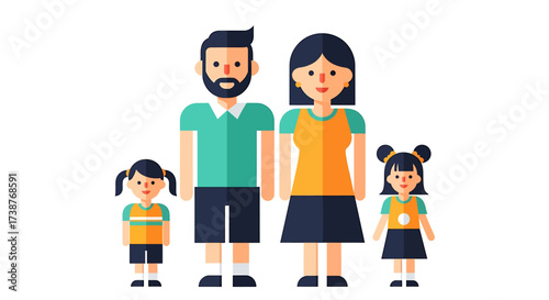 A modern flat design illustration of a happy family with parents and two daughters.