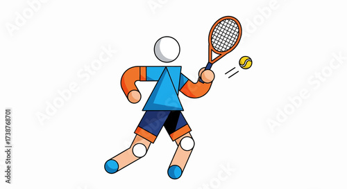 A stylized geometric illustration of a person playing tennis, hitting a ball with a racket.
