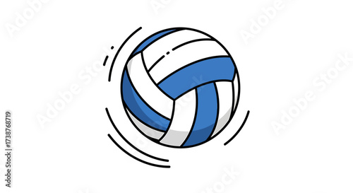 A blue and white volleyball with motion lines indicating it is in play.