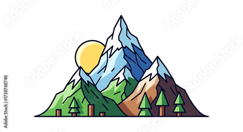 Illustration of a mountain range with a sun, trees, and various colors, creating a scenic landscape.