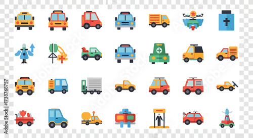 Pixel art style icons of various vehicles and transportation.