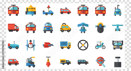 A collection of colorful pixel art icons depicting various modes of transportation and vehicles on a transparent background.