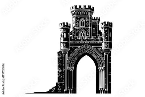 Black Vector Silhouette: Detailed Medieval Castle Turret and Arch	