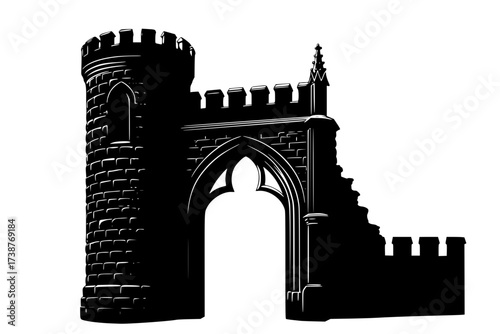 Black Vector Silhouette: Detailed Medieval Castle Turret and Arch	