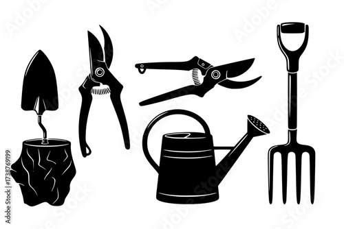 Black Vector Silhouette: Set of Essential Gardening Tools	
