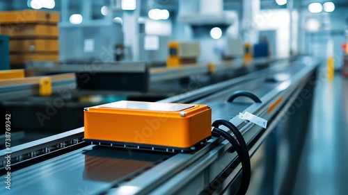 Orange sensor on a conveyor belt in a modern factory, automation concept.
