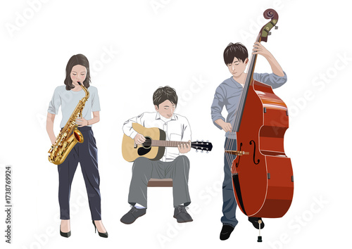 トリオで演奏する若い男女イラスト