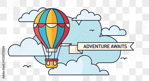 A colorful hot air balloon floats among stylized clouds with a banner that reads "Adventure Awaits".