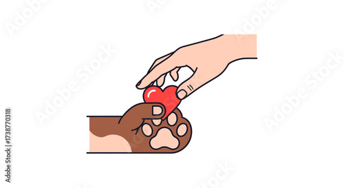Human hand gently placing a red heart on an animal paw, symbolizing love, care, and connection between humans and pets.