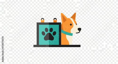 Cute cartoon dog, possibly a Corgi, peeking from behind a teal sign with a paw print, representing pet care or animal services.