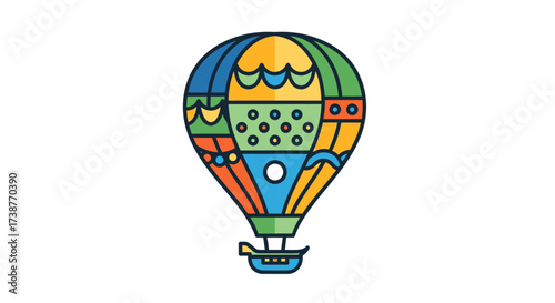 A colorful, stylized hot air balloon with intricate patterns and a basket, depicted in a flat graphic illustration style against a plain white background.