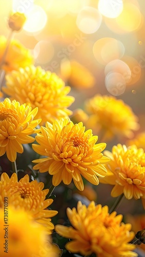 Radiant Yellow Chrysanthemums Blooming Under Glimmering Sunlight With Bokeh Background In Garden Setting High Angle View
