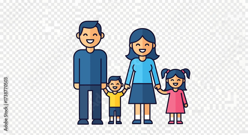 A happy cartoon family of four, with a mother, father, son, and daughter, standing together and holding hands.