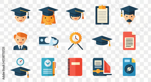 A collection of flat design icons representing education, graduation, and academic achievement on a transparent background.