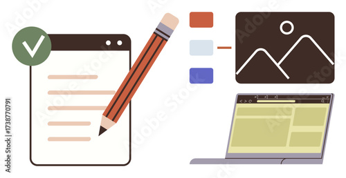 Checklist with a pencil for writing, design elements with color palette, image concept, and website mockup on a clean layout. Ideal for creativity, organization, planning, advertising, content