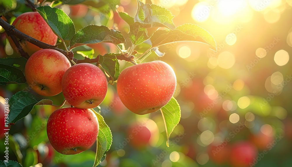 Obraz premium Red Apples on Tree Branch with Green Leaves and Sunlight in Orchard