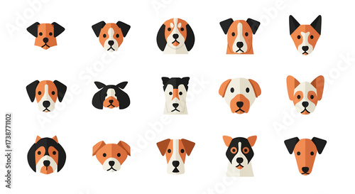 A collection of various dog breed faces in a flat, geometric vector style, isolated on a white background.