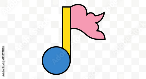 Illustration of a musical note with a pink flag on a yellow pole.
