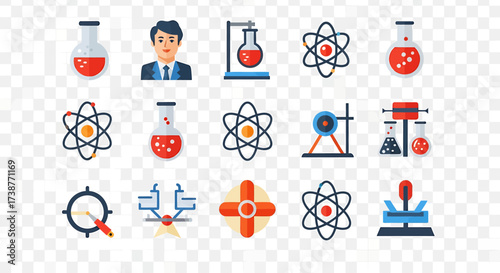 A collection of colorful flat design icons representing science, chemistry, and laboratory research on a transparent background.