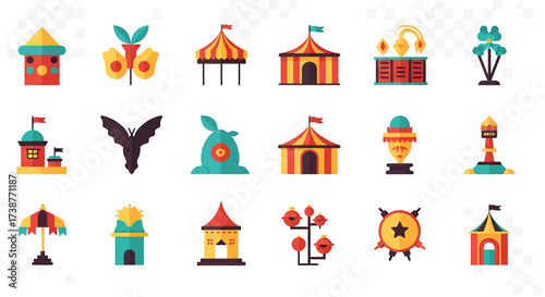 A collection of flat design icons representing various elements of a circus or carnival.