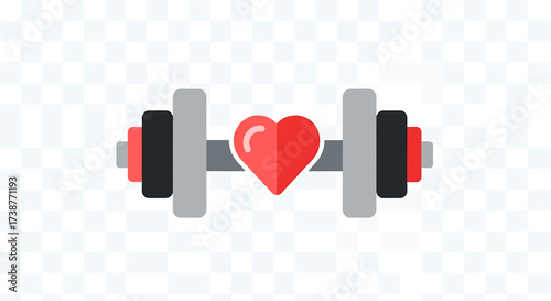Dumbbell with a red heart in the center, symbolizing fitness, health, and love for exercise on a transparent background.