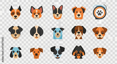 A collection of various cartoon dog faces and a paw print icon on a transparent background, showcasing different breeds and colors.