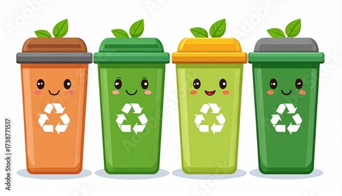 Cartoon Recycling Bins with Smiling Faces and Green Leaves on a White Background