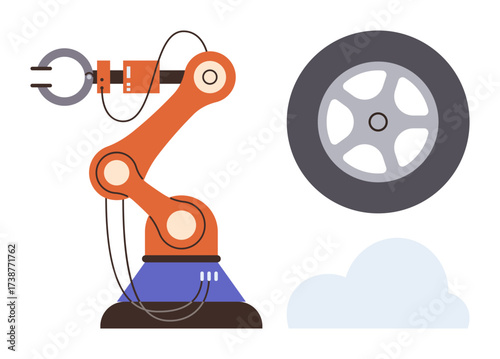 Robotic arm assembling a wheel, symbolizing automation, efficiency, industry, innovation, modern technology, engineering, and progress. Ideal for manufacturing robotics production automotive