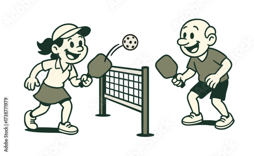 Pickleball players, cartoon vintage style. Retro illustration of pickle ball players.