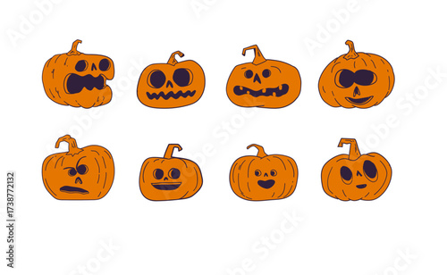 Halloween pumpkins with funny and spooky carved faces, hand drawn vector illustration