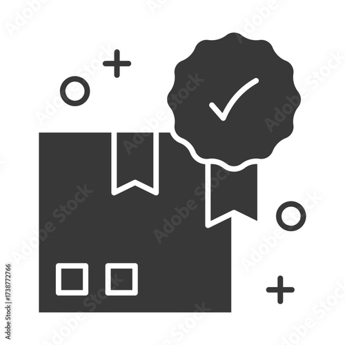 Dark gray graphic of a ribbon award above a square with small circles and crosses