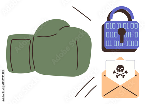 Green boxing glove targets a locked padlock with binary code and a malicious email envelope with skull icon. Ideal for cybersecurity, data protection, digital defense, encryption, internet security
